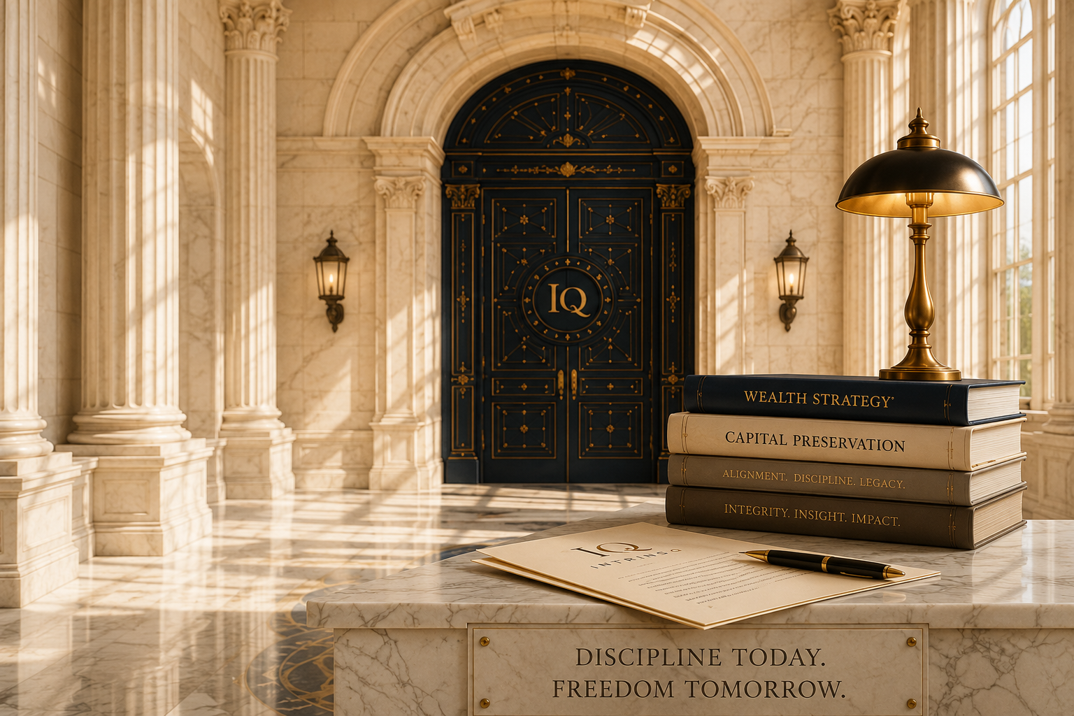 Classical marble hall with a tall ornate door, brass banker's lamp, and stacked leather books on a marble pedestal
